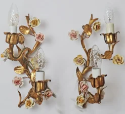 Clearance Pamono Hollywood Regency Gilded Wall Lamp with Porcelain Roses, 1960s, Set of 2