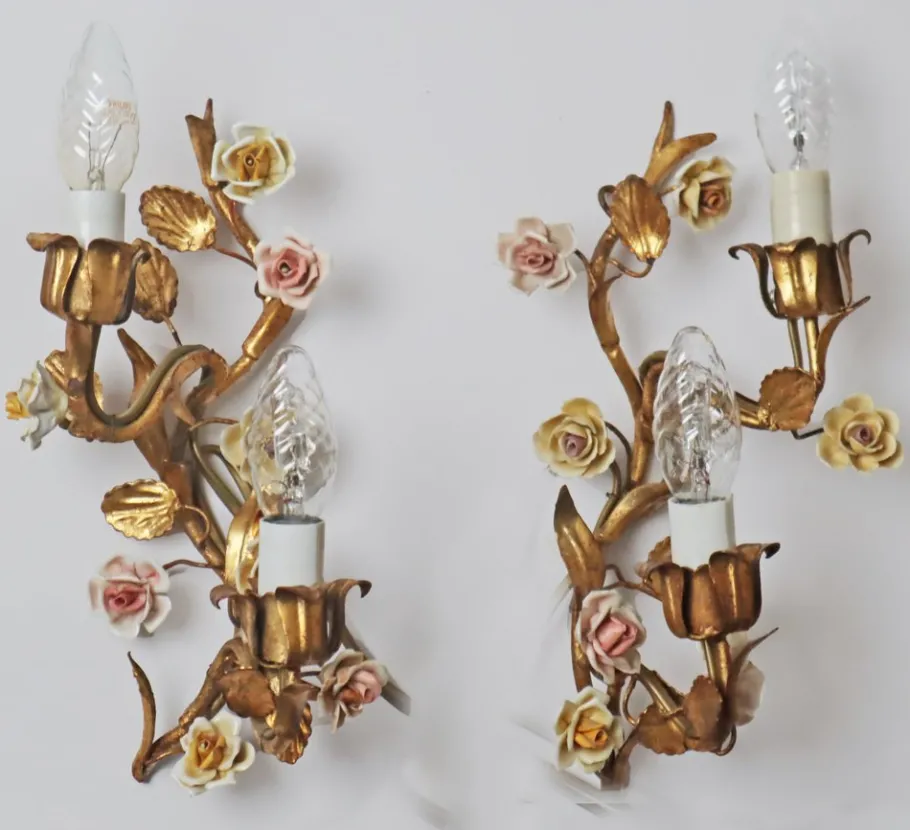 Clearance Pamono Hollywood Regency Gilded Wall Lamp with Porcelain Roses, 1960s, Set of 2