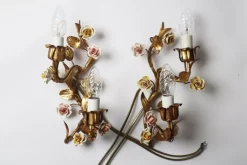Clearance Pamono Hollywood Regency Gilded Wall Lamp with Porcelain Roses, 1960s, Set of 2