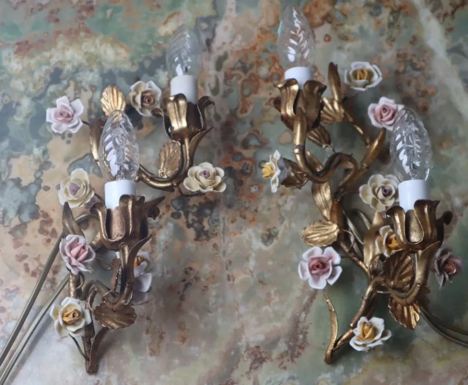 Clearance Pamono Hollywood Regency Gilded Wall Lamp with Porcelain Roses, 1960s, Set of 2