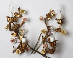 Clearance Pamono Hollywood Regency Gilded Wall Lamp with Porcelain Roses, 1960s, Set of 2