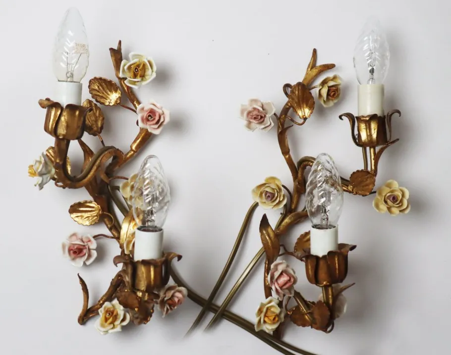 Clearance Pamono Hollywood Regency Gilded Wall Lamp with Porcelain Roses, 1960s, Set of 2