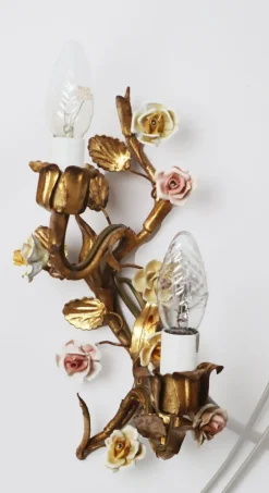 Clearance Pamono Hollywood Regency Gilded Wall Lamp with Porcelain Roses, 1960s, Set of 2