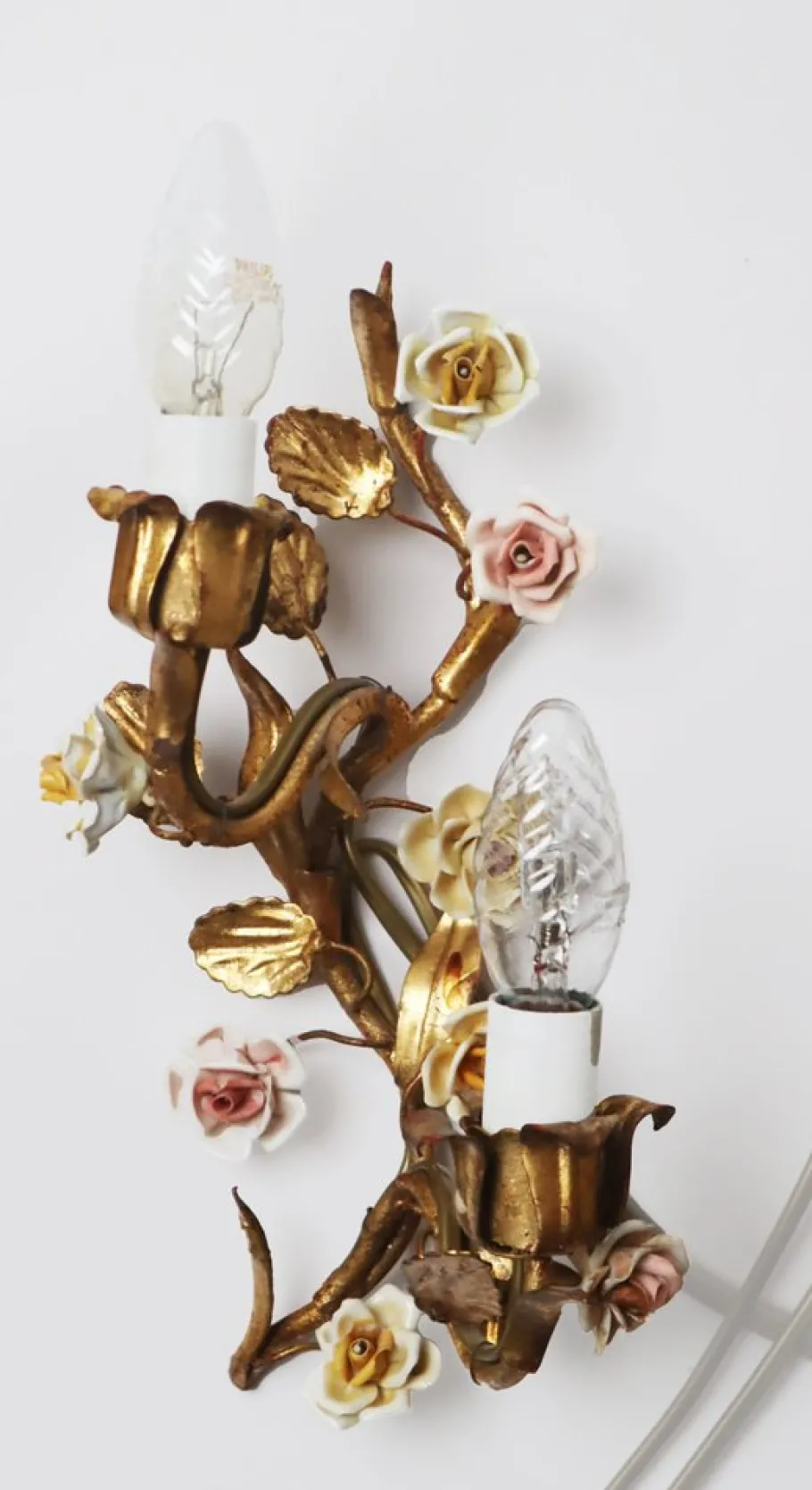 Clearance Pamono Hollywood Regency Gilded Wall Lamp with Porcelain Roses, 1960s, Set of 2