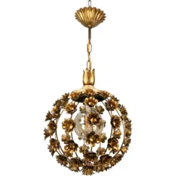 Hot Pamono Hollywood Regency Style Gilt Metal Floral Sphere Pendant Light, Italy, 1970s