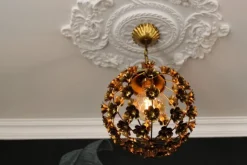 Hot Pamono Hollywood Regency Style Gilt Metal Floral Sphere Pendant Light, Italy, 1970s