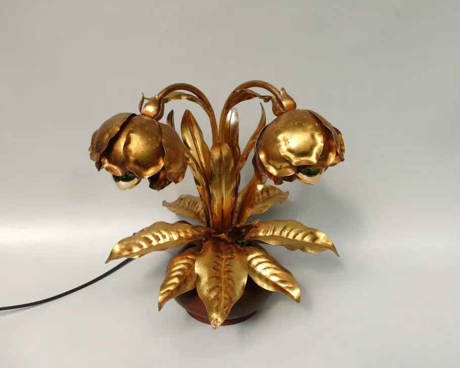 Online Pamono Hollywood Regency Table Lamp Lily of the Valley in Metal Gold Leaf & Oak, 1970s