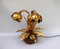 Online Pamono Hollywood Regency Table Lamp Lily of the Valley in Metal Gold Leaf & Oak, 1970s