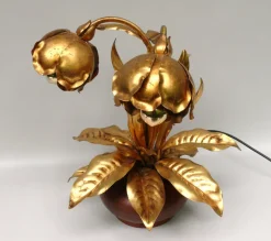 Online Pamono Hollywood Regency Table Lamp Lily of the Valley in Metal Gold Leaf & Oak, 1970s