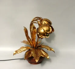 Online Pamono Hollywood Regency Table Lamp Lily of the Valley in Metal Gold Leaf & Oak, 1970s