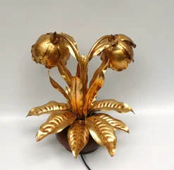 Online Pamono Hollywood Regency Table Lamp Lily of the Valley in Metal Gold Leaf & Oak, 1970s