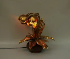 Online Pamono Hollywood Regency Table Lamp Lily of the Valley in Metal Gold Leaf & Oak, 1970s