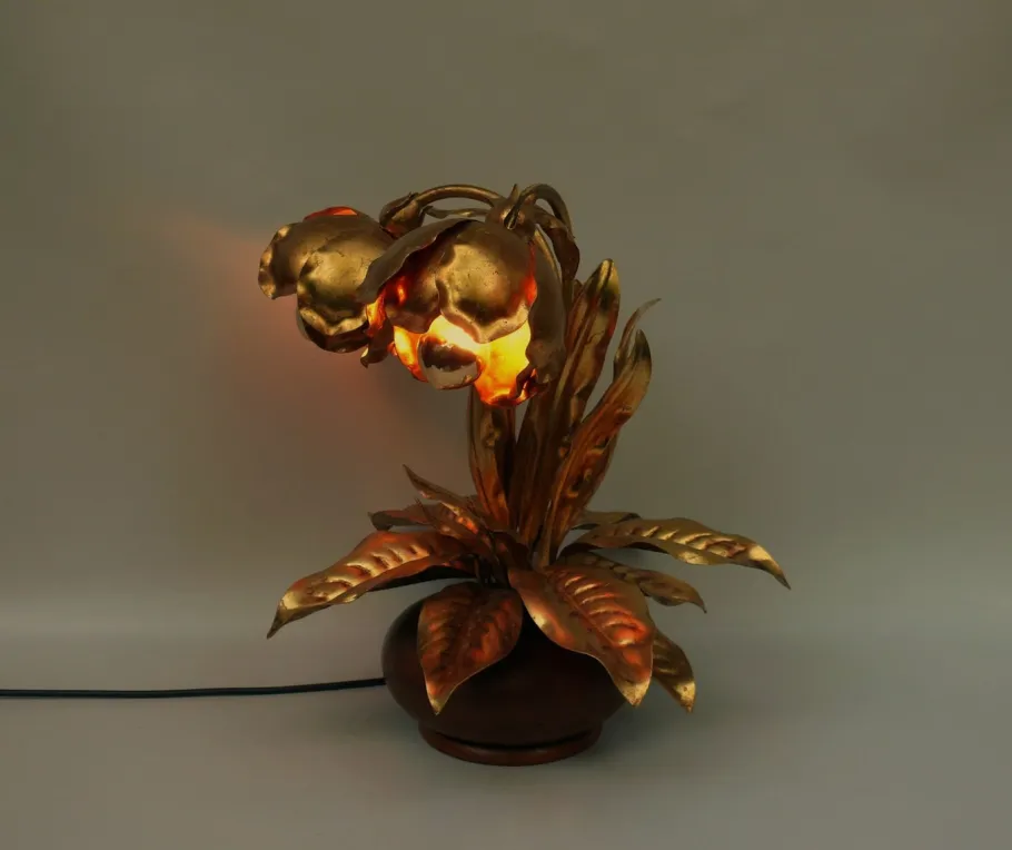 Online Pamono Hollywood Regency Table Lamp Lily of the Valley in Metal Gold Leaf & Oak, 1970s
