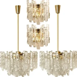 Sale Pamono Ice Glass Light Fixtures, 2 Wall Scones and 2 Chandeliers from Kalmar, Set of 4