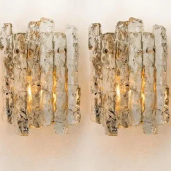 Hot Pamono Ice Glass Wall Lights with Brass Tone by J.T. Kalmar, Austria, 1960, Set of 2