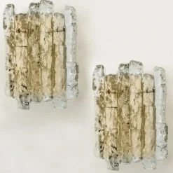 Hot Pamono Ice Glass Wall Lights with Brass Tone by J.T. Kalmar, Austria, 1960, Set of 2