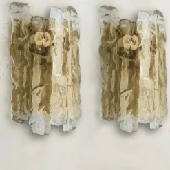 Hot Pamono Ice Glass Wall Lights with Brass Tone by J.T. Kalmar, Austria, 1960, Set of 2