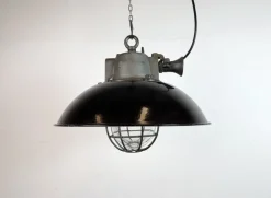 Best Pamono Industrial Black Enamel and Cast Iron Cage Pendant Light from Elektrosvit, 1960s