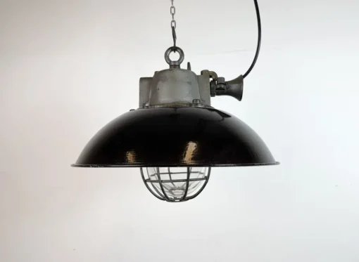 Best Pamono Industrial Black Enamel and Cast Iron Cage Pendant Light from Elektrosvit, 1960s