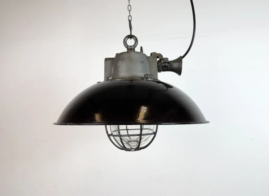 Best Pamono Industrial Black Enamel and Cast Iron Cage Pendant Light from Elektrosvit, 1960s