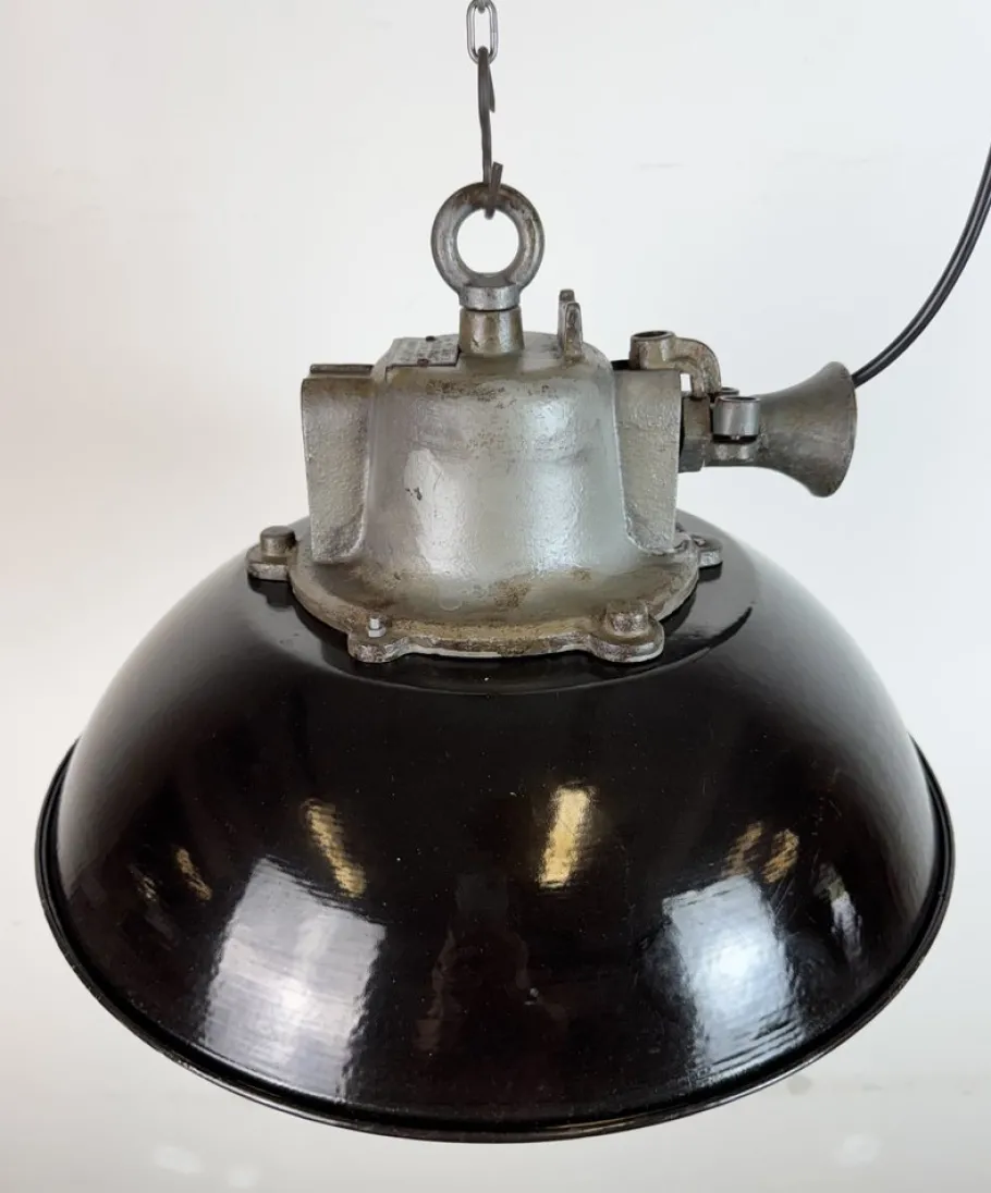 Best Pamono Industrial Black Enamel and Cast Iron Cage Pendant Light from Elektrosvit, 1960s