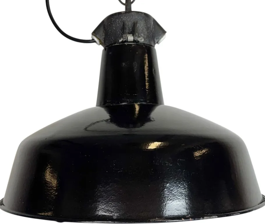 Pamono Industrial Black Enamel Factory Lamp with Cast Iron Top from Elektrosvit, 1950s