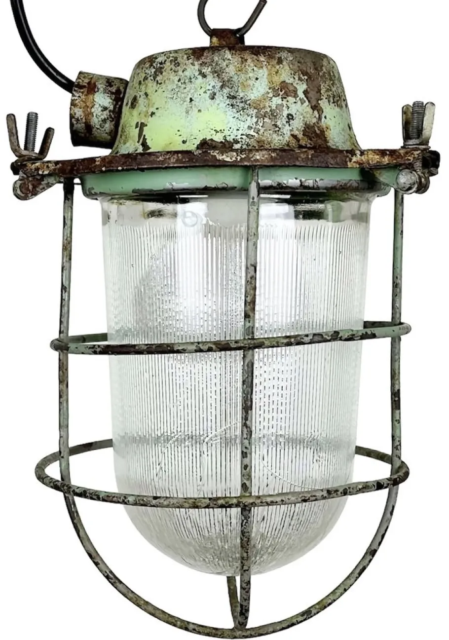 New Pamono Industrial Soviet Bunker Green Pendant Light with Iron Grid, 1960s