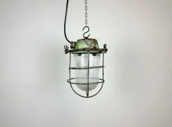 New Pamono Industrial Soviet Bunker Green Pendant Light with Iron Grid, 1960s