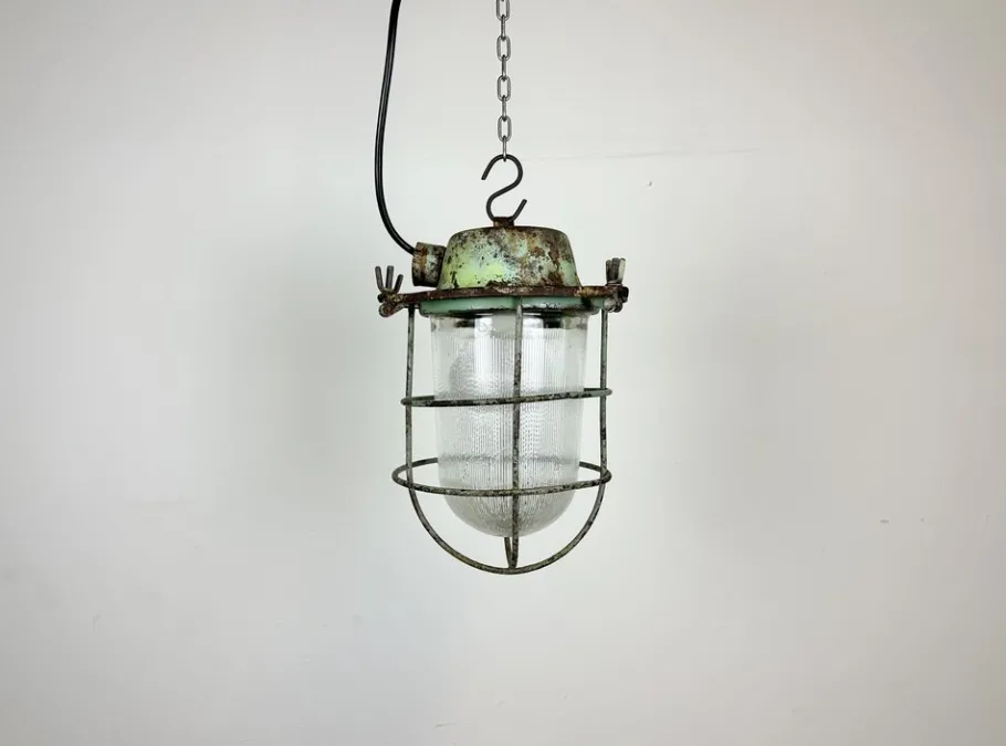 New Pamono Industrial Soviet Bunker Green Pendant Light with Iron Grid, 1960s