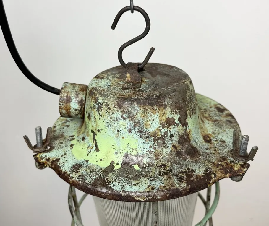 New Pamono Industrial Soviet Bunker Green Pendant Light with Iron Grid, 1960s