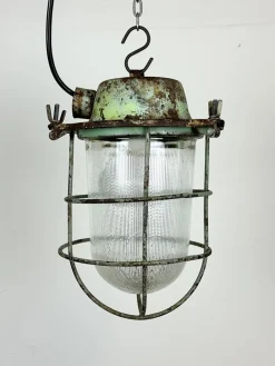 New Pamono Industrial Soviet Bunker Green Pendant Light with Iron Grid, 1960s