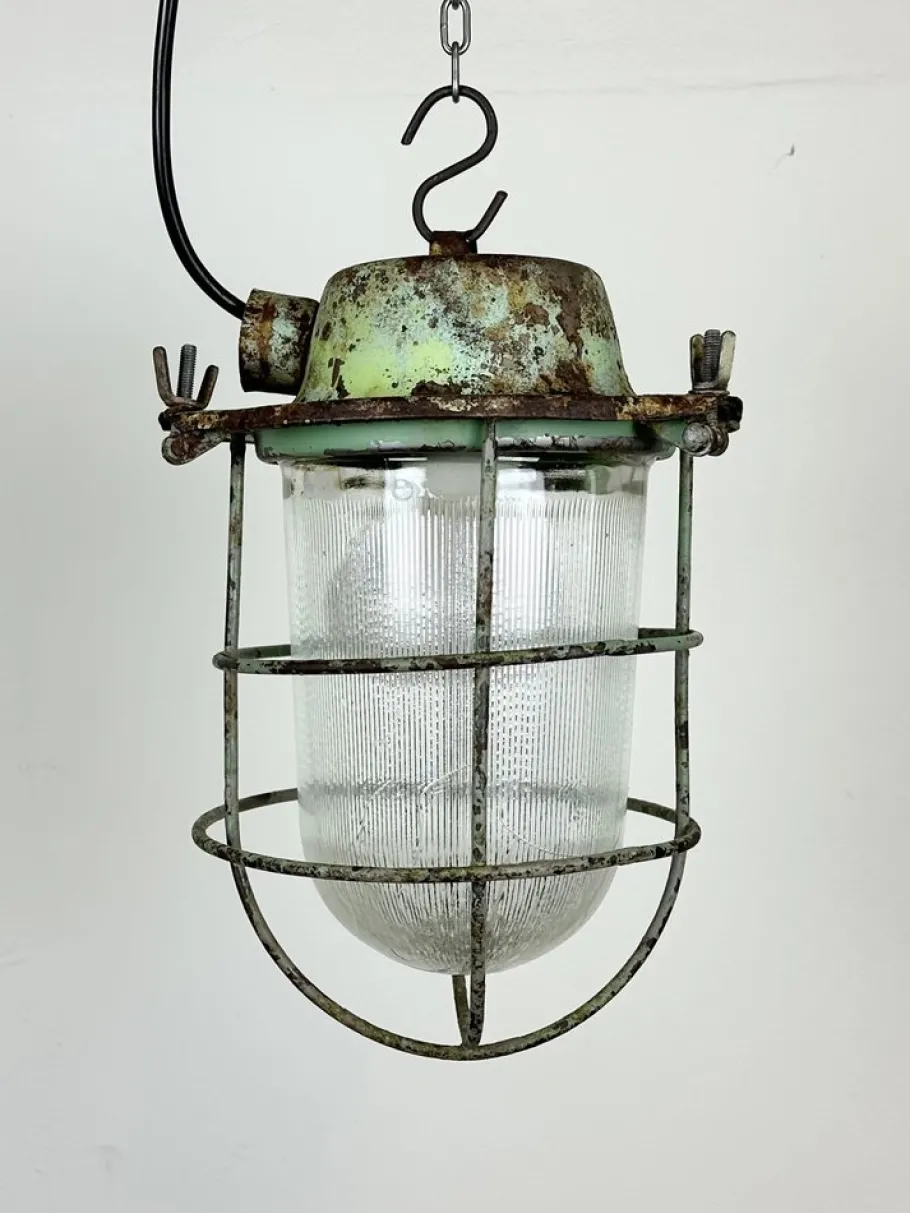 New Pamono Industrial Soviet Bunker Green Pendant Light with Iron Grid, 1960s