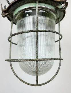New Pamono Industrial Soviet Bunker Green Pendant Light with Iron Grid, 1960s