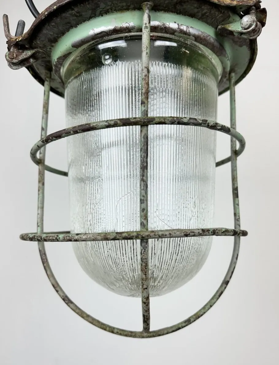 New Pamono Industrial Soviet Bunker Green Pendant Light with Iron Grid, 1960s