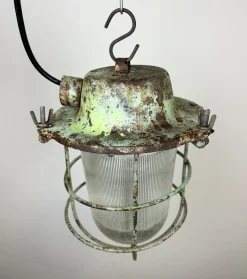 New Pamono Industrial Soviet Bunker Green Pendant Light with Iron Grid, 1960s