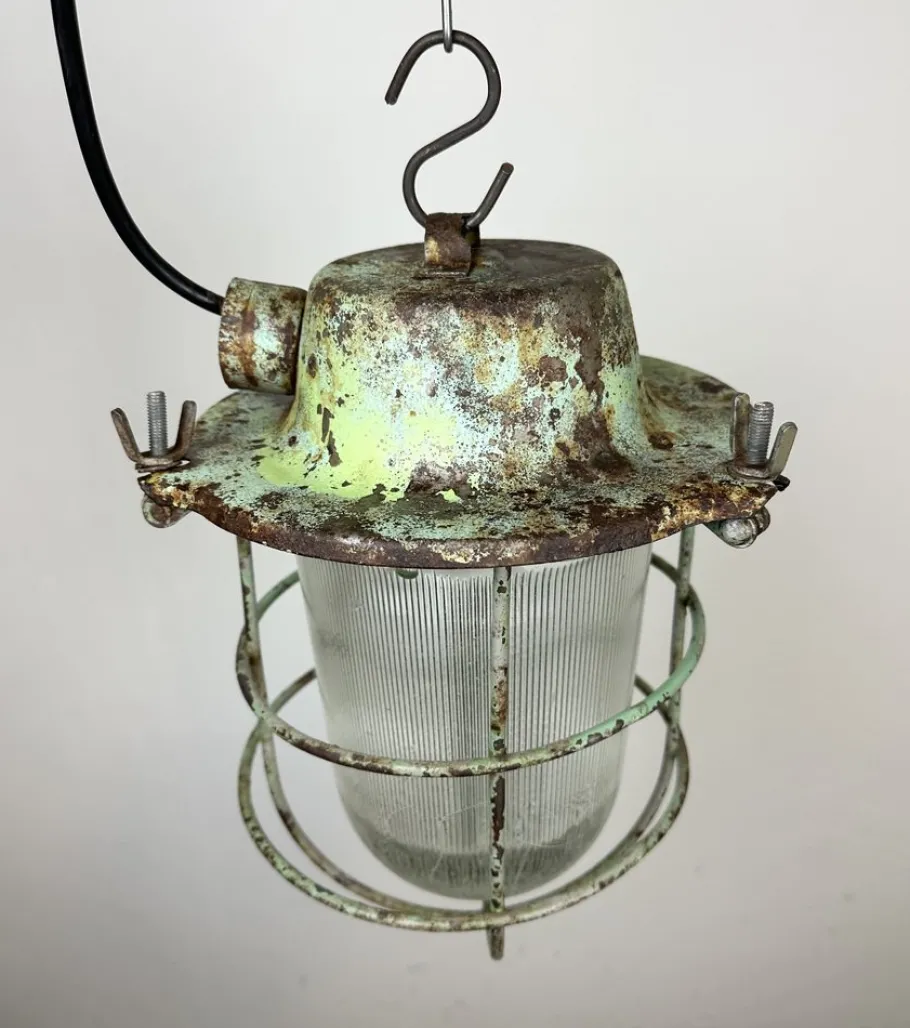 New Pamono Industrial Soviet Bunker Green Pendant Light with Iron Grid, 1960s
