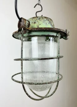 New Pamono Industrial Soviet Bunker Green Pendant Light with Iron Grid, 1960s
