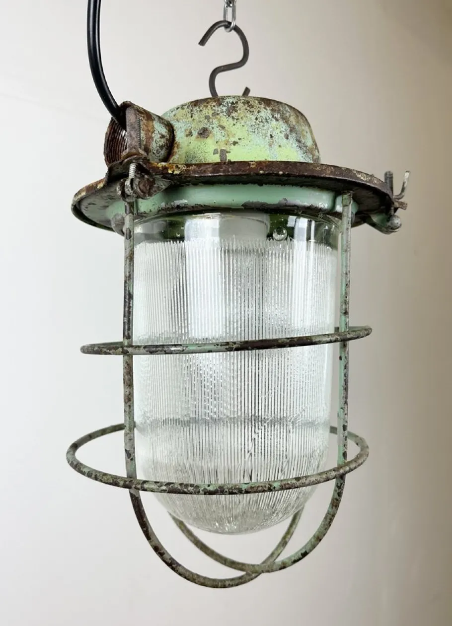 New Pamono Industrial Soviet Bunker Green Pendant Light with Iron Grid, 1960s