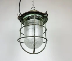 New Pamono Industrial Soviet Bunker Green Pendant Light with Iron Grid, 1960s