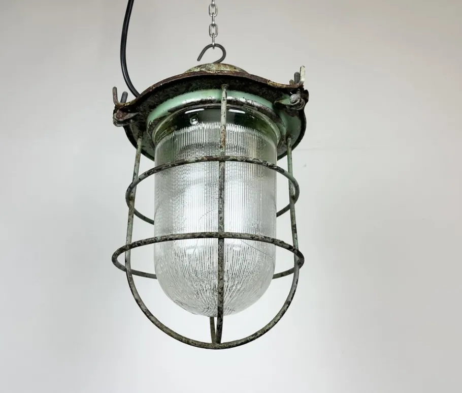 New Pamono Industrial Soviet Bunker Green Pendant Light with Iron Grid, 1960s