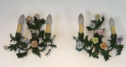 Discount Pamono Iron Wall Lights with Porcelain Flowers, 1960s, Set of 2