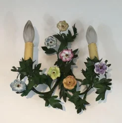 Discount Pamono Iron Wall Lights with Porcelain Flowers, 1960s, Set of 2