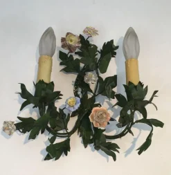 Discount Pamono Iron Wall Lights with Porcelain Flowers, 1960s, Set of 2