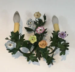 Discount Pamono Iron Wall Lights with Porcelain Flowers, 1960s, Set of 2