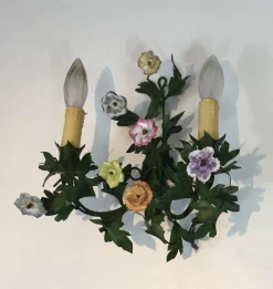 Discount Pamono Iron Wall Lights with Porcelain Flowers, 1960s, Set of 2