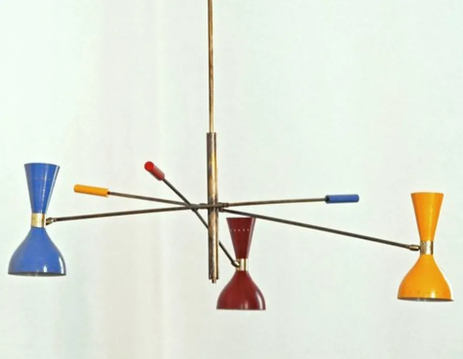 New Pamono Italian Adjustable Three-Arm Triennale Style Chandelier, Brass Patinated