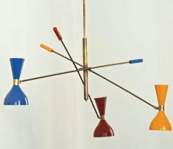 New Pamono Italian Adjustable Three-Arm Triennale Style Chandelier, Brass Patinated