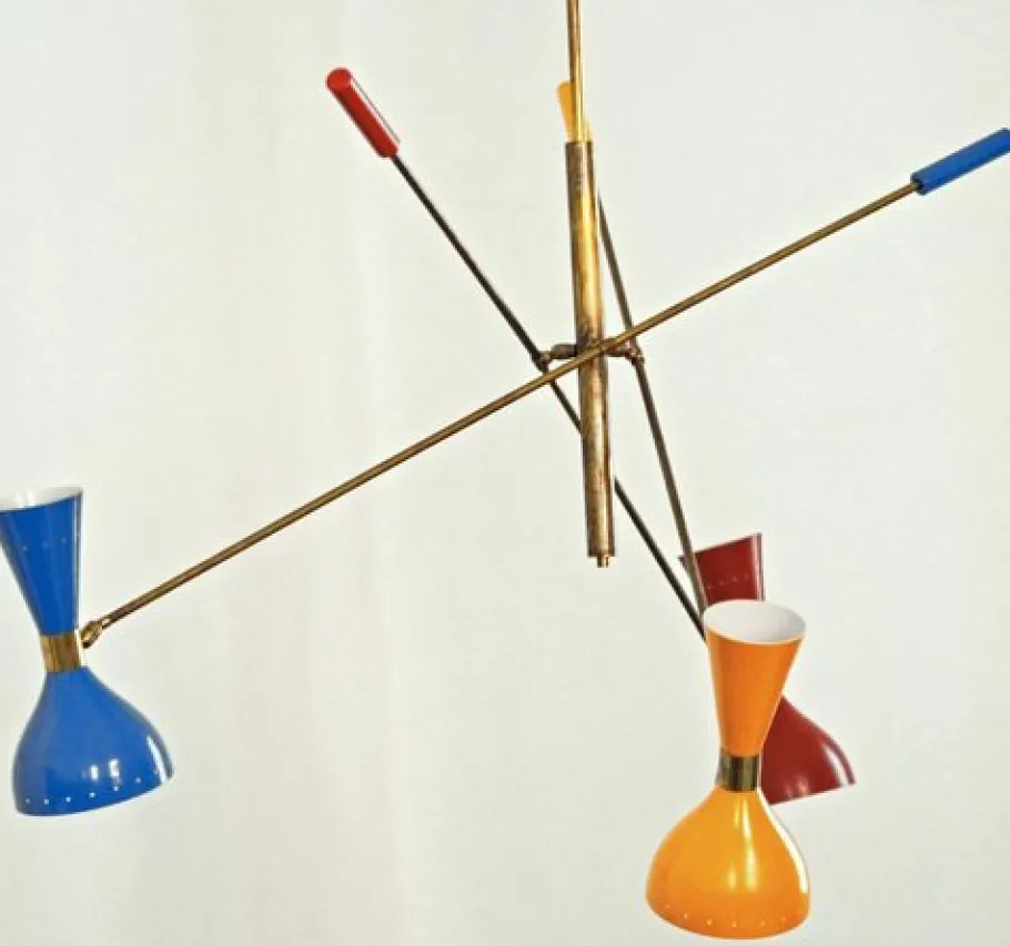 New Pamono Italian Adjustable Three-Arm Triennale Style Chandelier, Brass Patinated