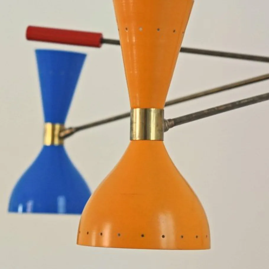 New Pamono Italian Adjustable Three-Arm Triennale Style Chandelier, Brass Patinated