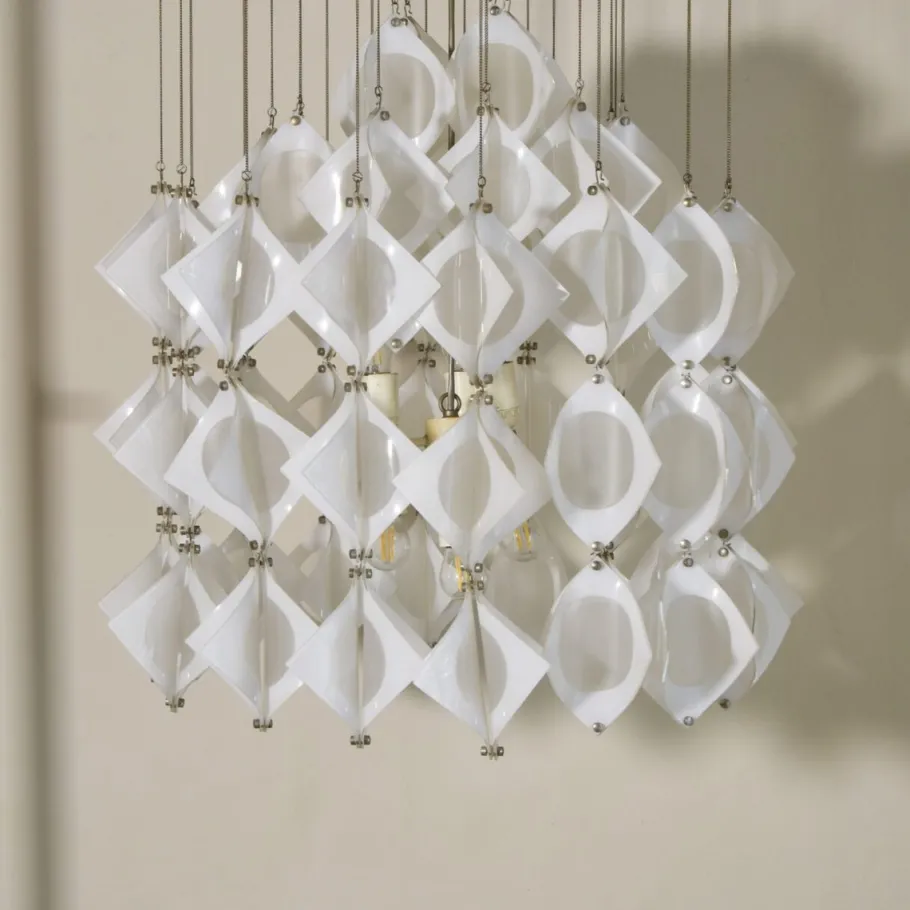 New Pamono Italian Aluminum and Opaline Glass Ceiling Lamp from Mazzega, 1969